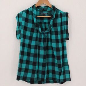 French Connection Buffalo‎ Plaid Cowl Neck Top Womens Size 2 Green Black 2010s
